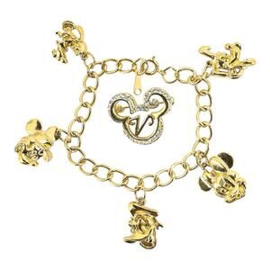 Vintage Disney X Avon Kids Goldtone Charm Bracelet & Letter “V” Mickey Mouse Pin